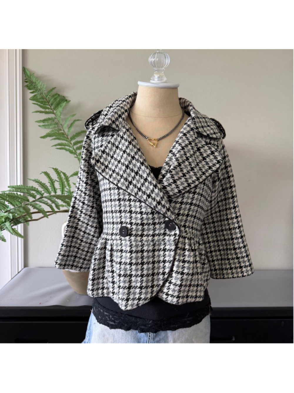 Vintage Herringbone Pea Coat S Grey Black White Double Breasted 3/4 Sleeve Y2K S